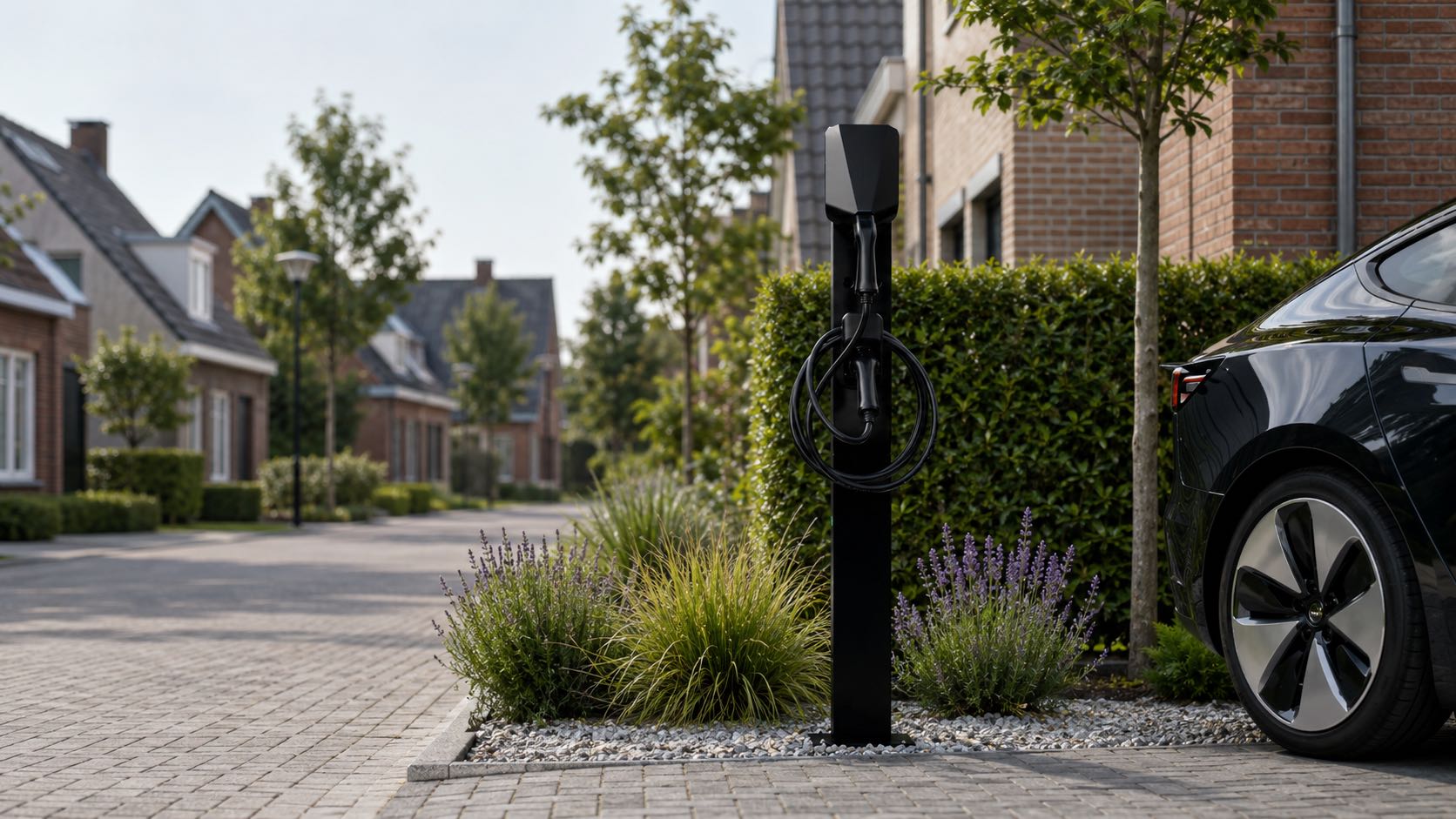 Zwarte laadpaal op een oprit met een geparkeerde elektrische auto